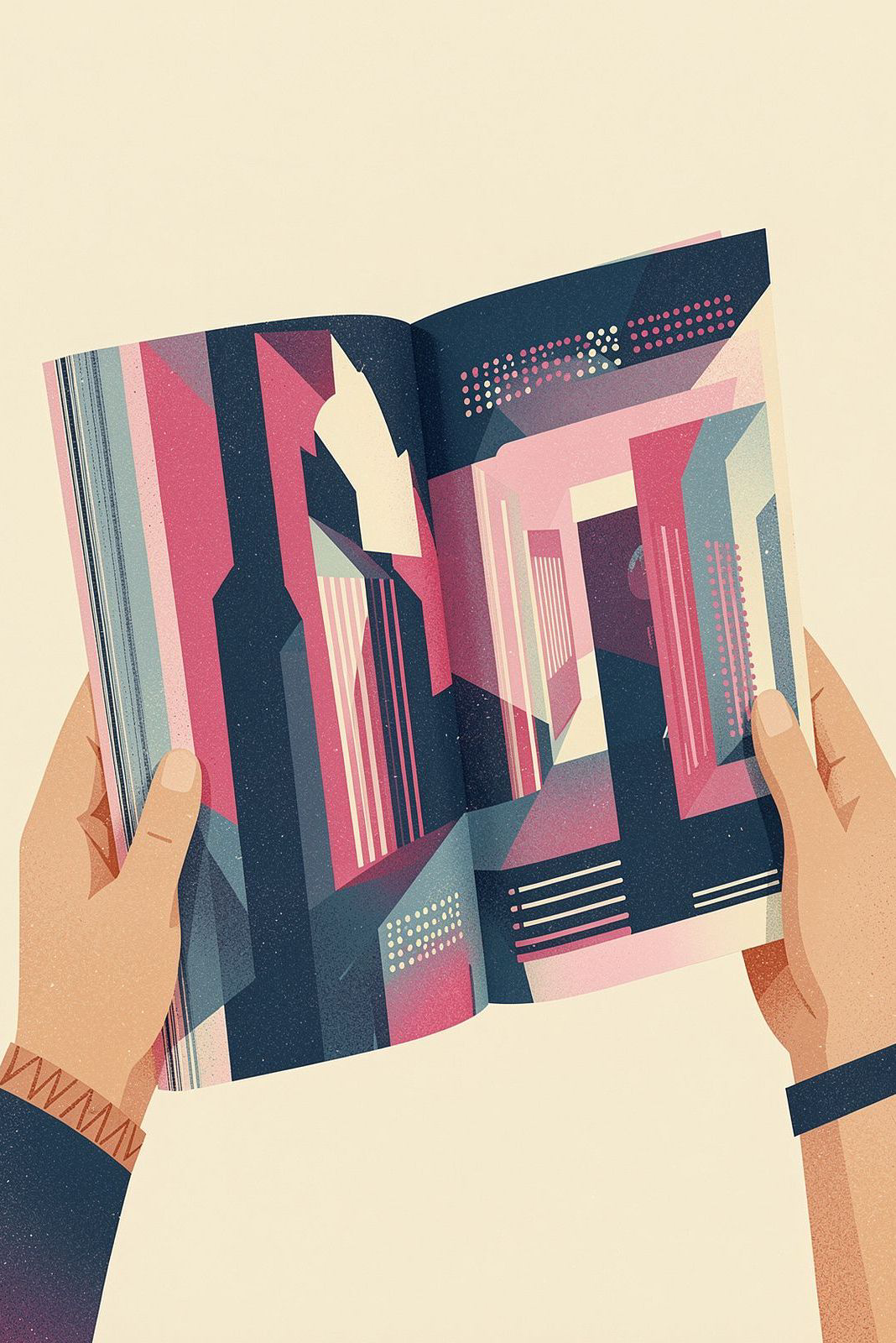 Open magazine spread illustrated with angular geometric artwork
