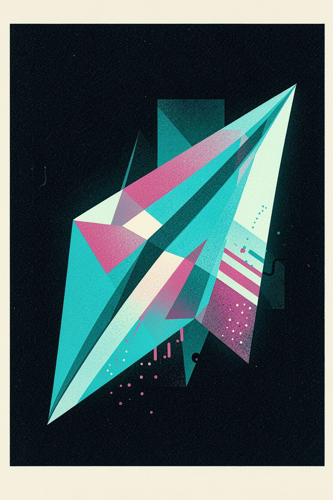 Faceted paper plane in cyan, teal and magenta on a dark navy poster ground