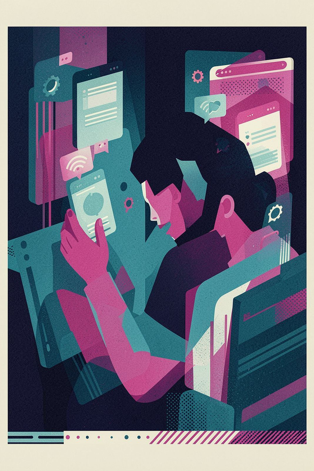 Geometric poster of figures lit by screens, drawn in cyan and magenta on navy